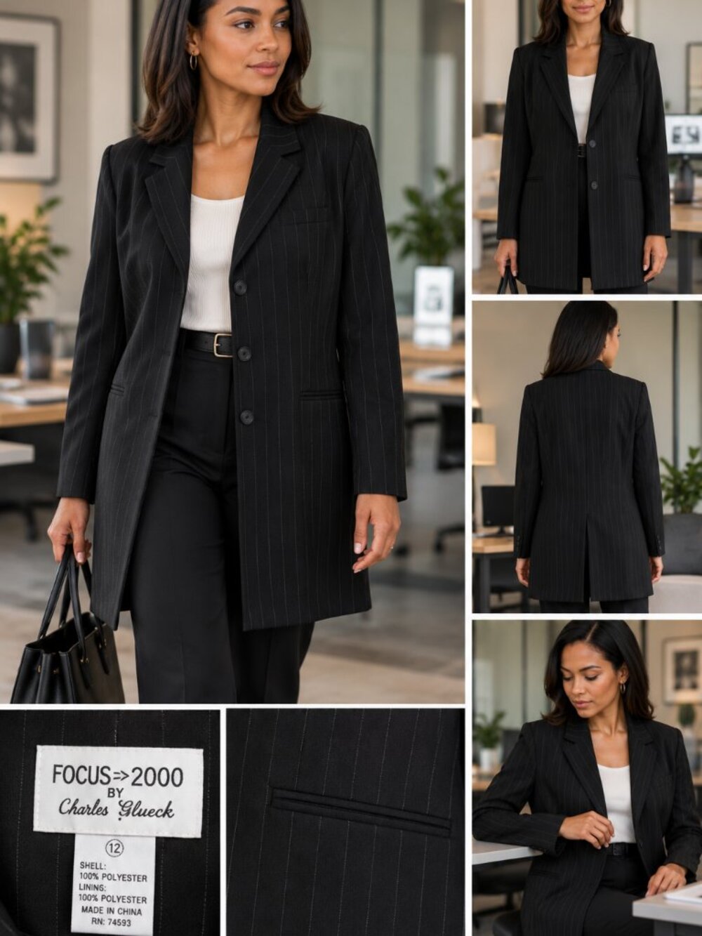 Focus 2000 Black Pinstripe Blazer Size 12 Longline 3 Button Career Office